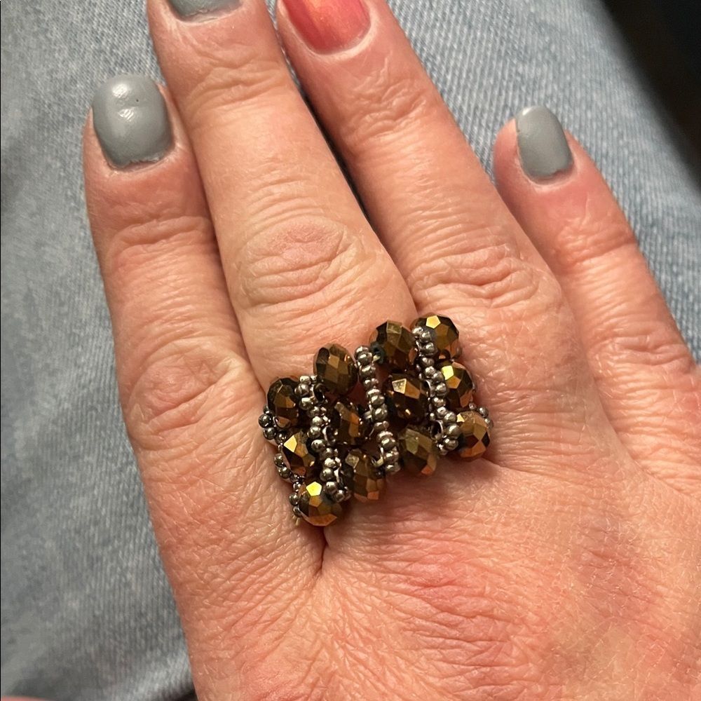 Elegant AB Brown and Faux Pearl beaded elastic Ring